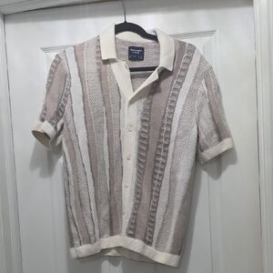 Abercrombie & Fitch Cream and Brown Striped Button Down Sweater